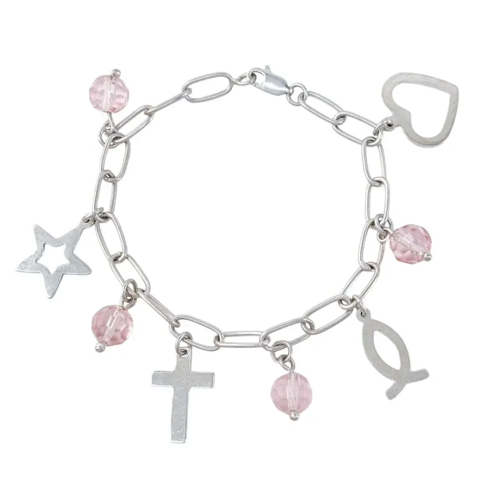 Vintage Sterling Silver 925 Religious Pink Crystal Charm Bracelet 7